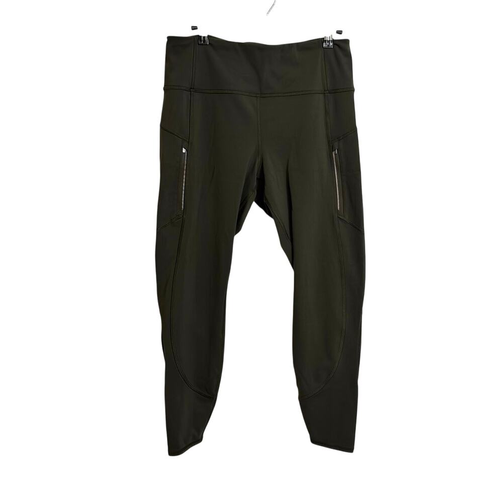 Athleta Leggings Womens Large Olive Green Rainier Tight Fleece Lined Zip Pockets
